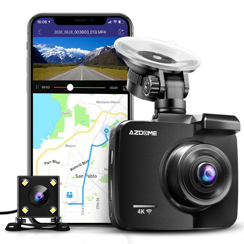 AZDOME GS63H Dash Камера С двойна Леща 4K UHD Записывающая Автомобили DVR Камера за Нощно Виждане WDR Вграден GPS, Wi-Fi G-Сензор за Откриване на Движение