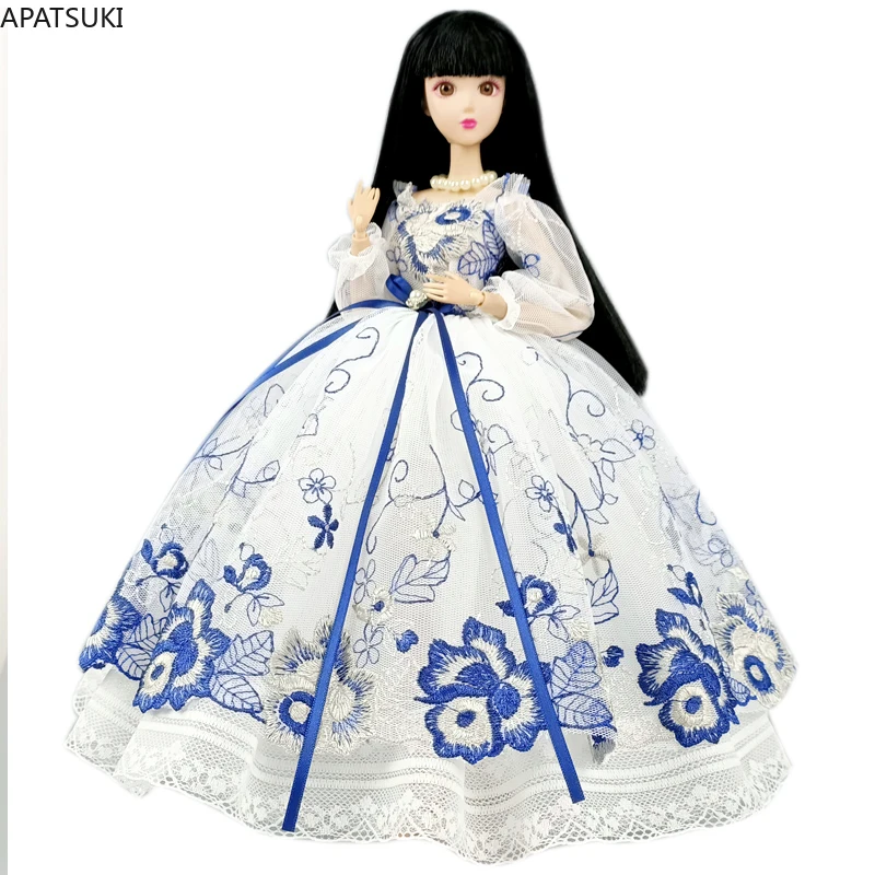 Бяло-синьо вечерна рокля с цветен модел Рокля за Барби кукла Екипировки Рокли за принцеси, Дрехи за кукли 1/6 BJD Аксесоари и играчки