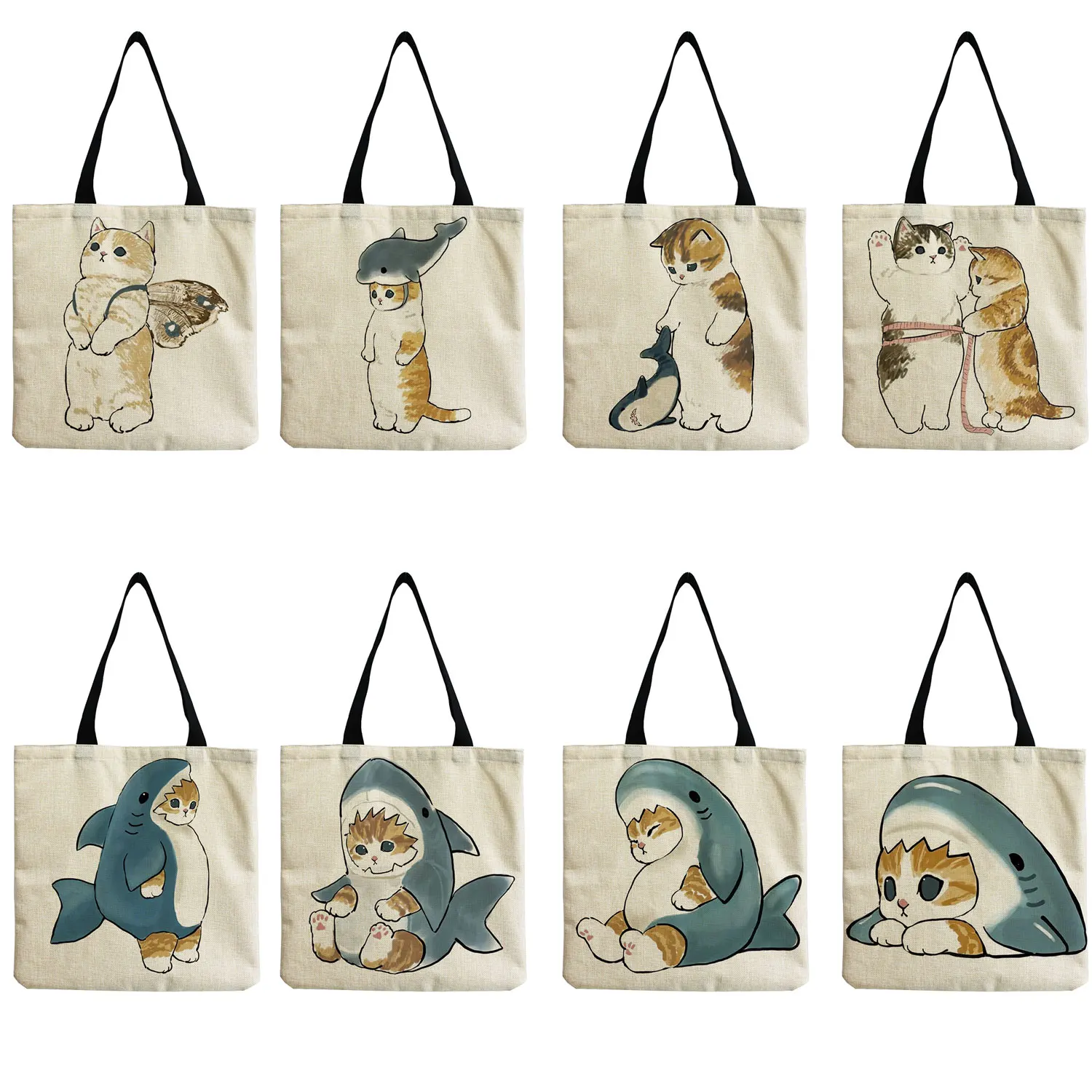 Дамска пътна чанта-тоут с принтом сладък котки-акула от филмче чанта през рамо, адаптивни чанта, преносима дългогодишна чанта за пазаруване с голям капацитет