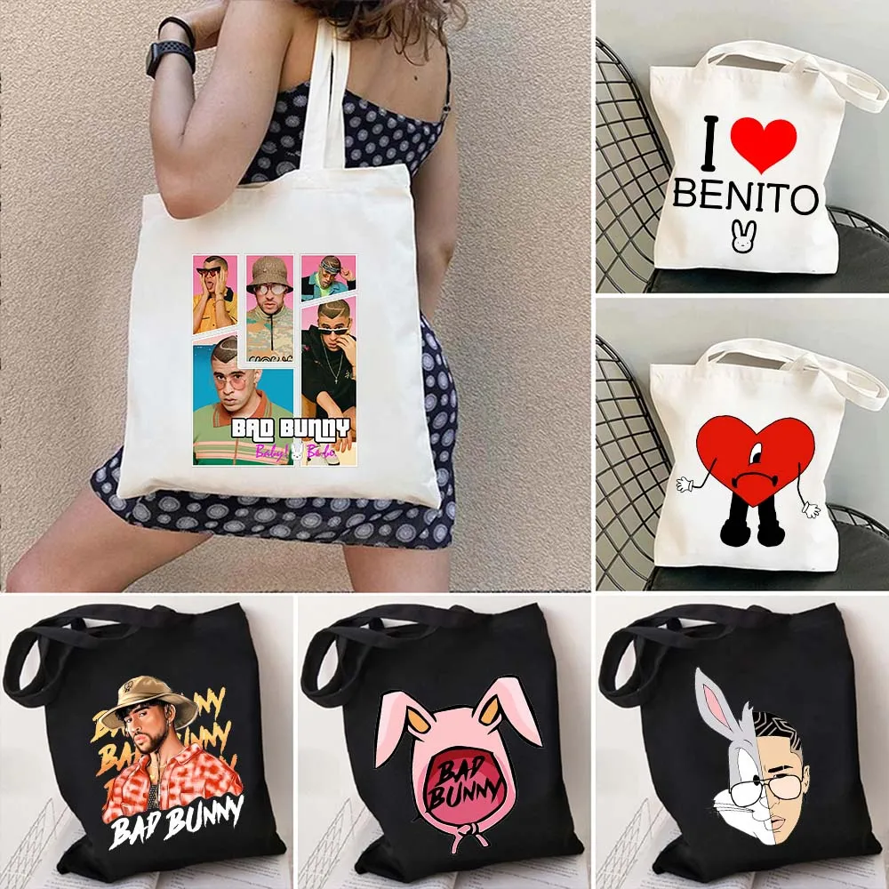 Парусиновая чанта-тоут Bad Бъни с цветен модел Benito Lunay, памучни торбички за пазаруване през рамо, музикален албум UN VERANO SIN TI, плажни чанти за пазаруване