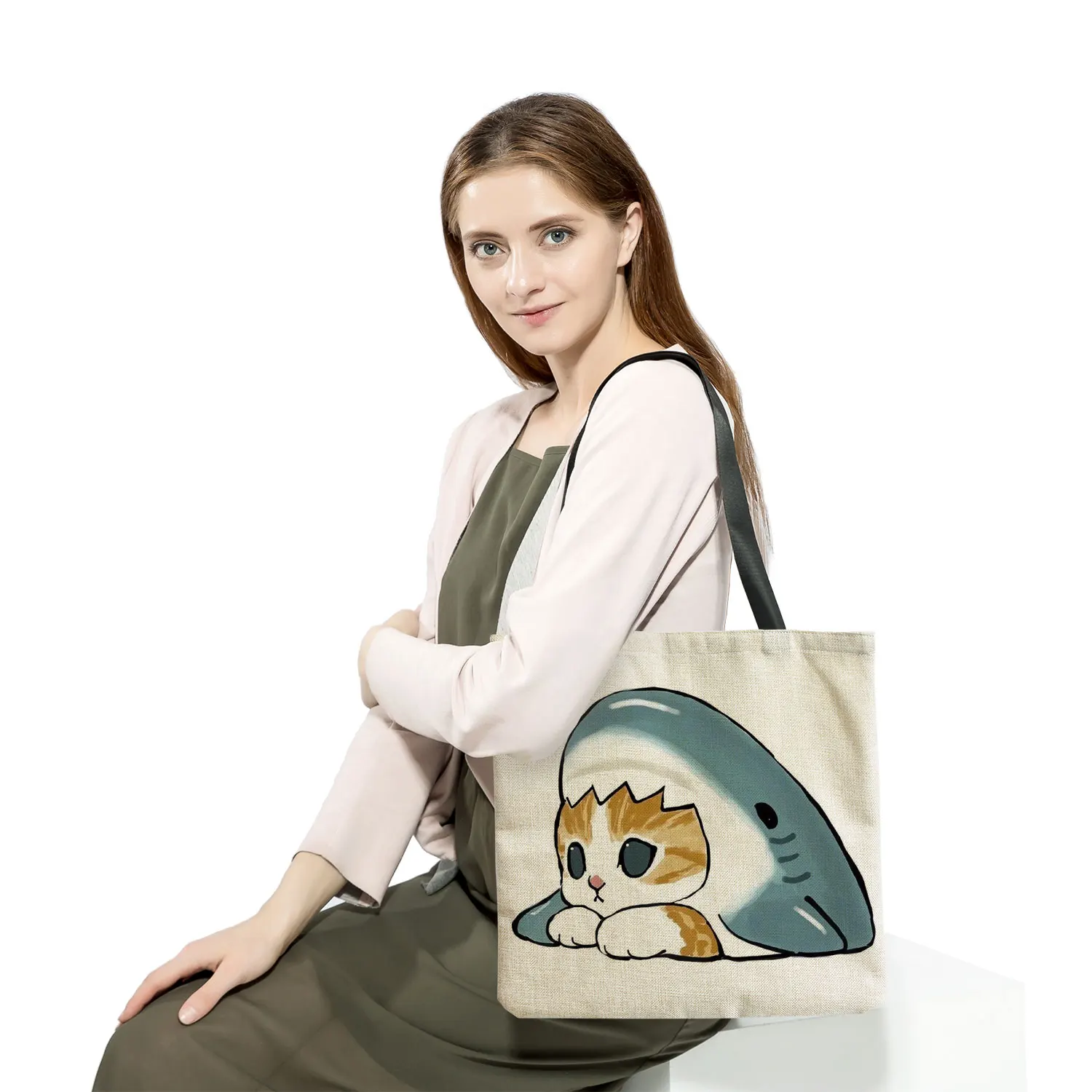 Дамска пътна чанта-тоут с принтом сладък котки-акула от филмче чанта през рамо, адаптивни чанта, преносима дългогодишна чанта за пазаруване с голям капацитет
