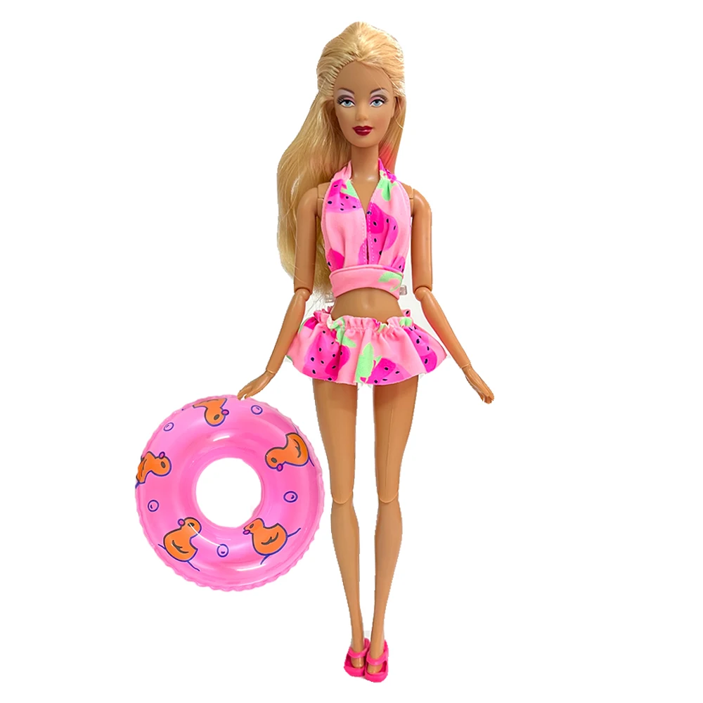 Модерен розов бански за плажа партита, бикини, потници, панталони, бански костюми + Сладко пръстен за плуване + обувки, дрехи за Барби кукли, аксесоари