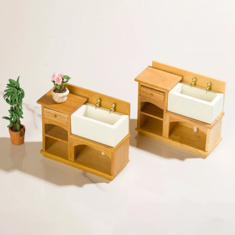 Миниатюрни аксесоари за куклата къща 1: 12, кухненски мебели, Единична / Двойна мивка, мини-модел на мебели за украса куклена къща